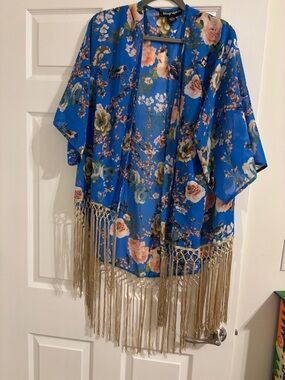 Biographic Blue Floral Fringe Kimono Tunic